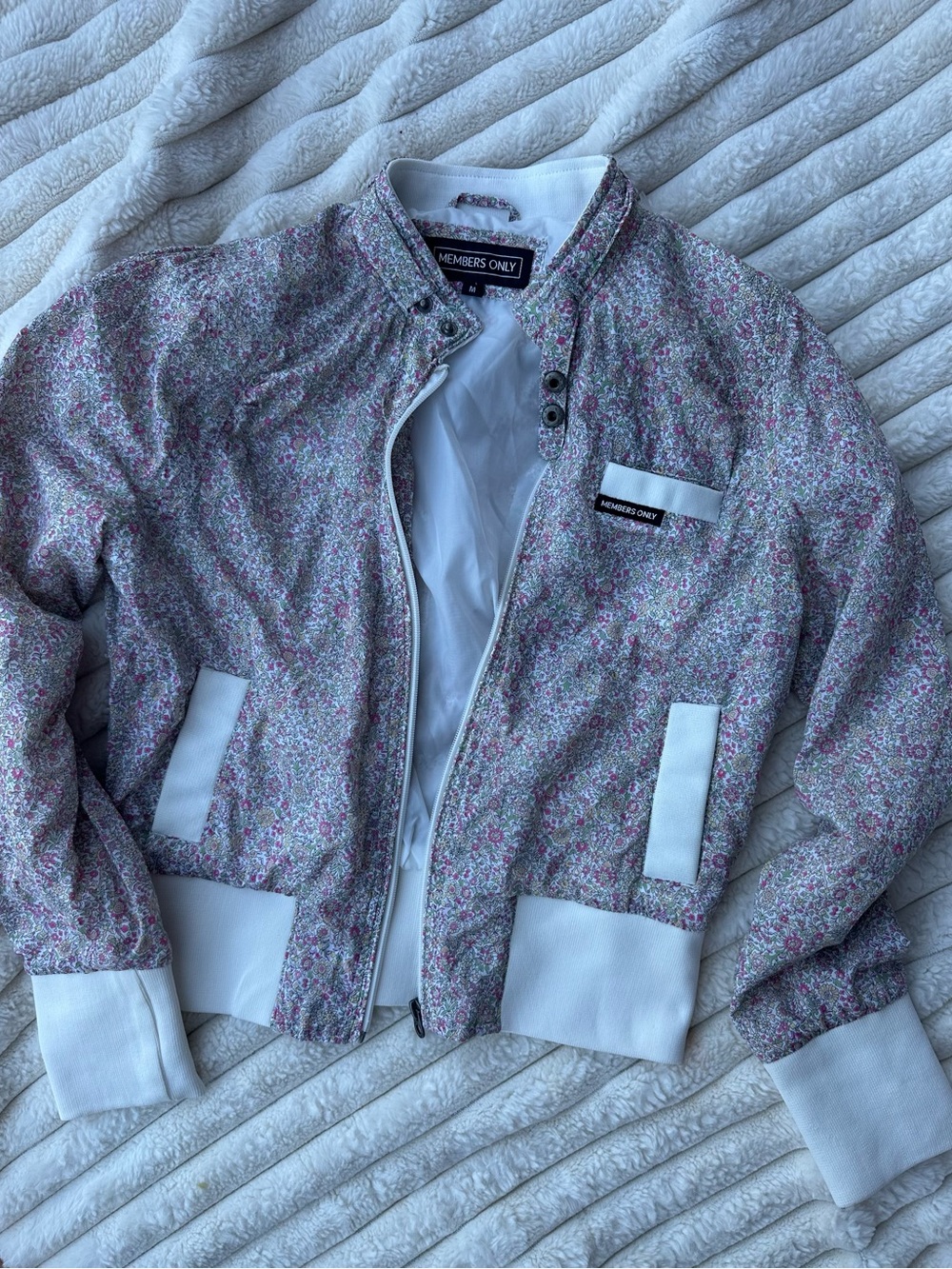 Members Only girls  Floral Bomber Jacket in Green and Pink with Cream Trim